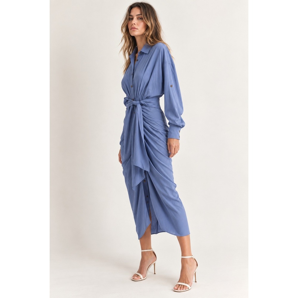 MABLE Womens M Blue Ruched Draped Midi Shirt Dress Tie Waist Tencel Button Front